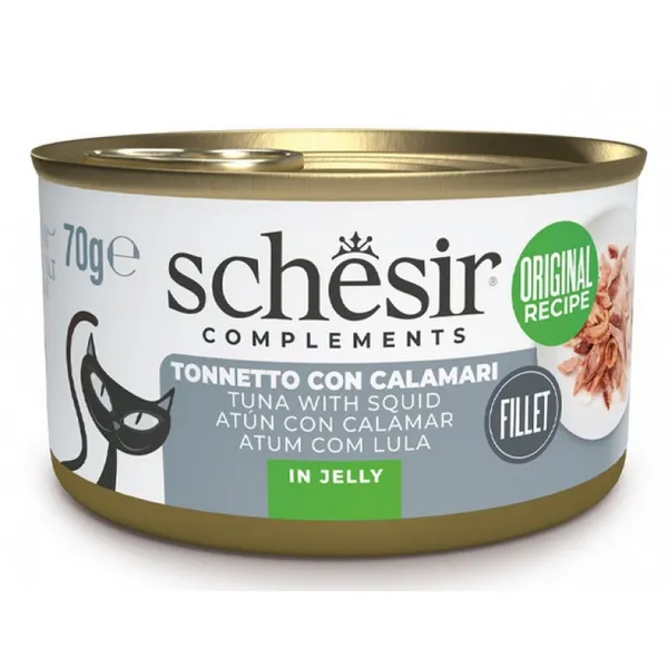 Konservi kaķiem SCHESIR tuncis un kalmārs želejā, 70g