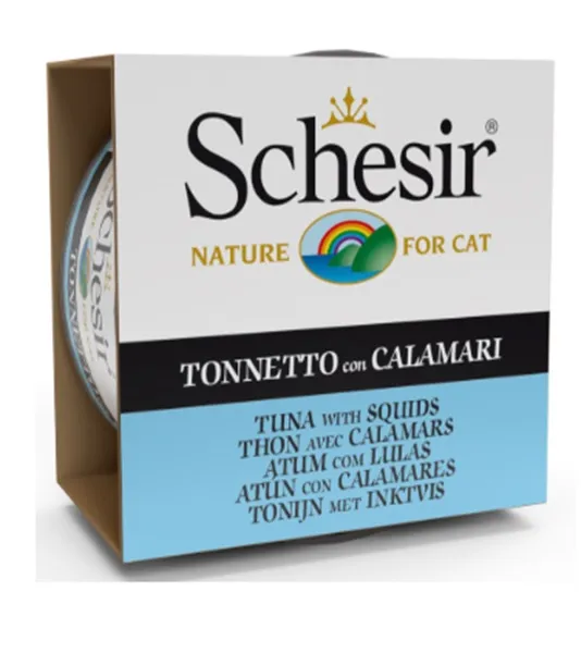 Konservi kaķiem SCHESIR tuncis un kalmārs želejā, 85g