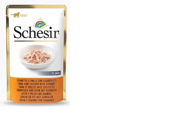 Konservi kaķiem SCHESIR, tuncis, vista un garneles želejā, 85g