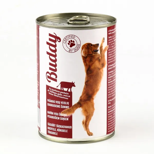 Konservi suņiem BUDDY, ar liellopa gaļu, 410g