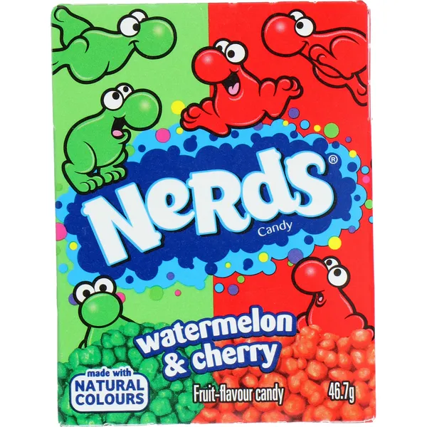 Košļājamās konfektes NERDS, ar arbūza un ķiršu garšu, 46.7g
