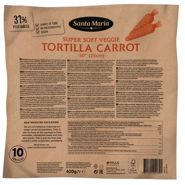 Kviešu tortiljas ar burkāniem 10'', 25 cm (10x8), SANTA MARIA