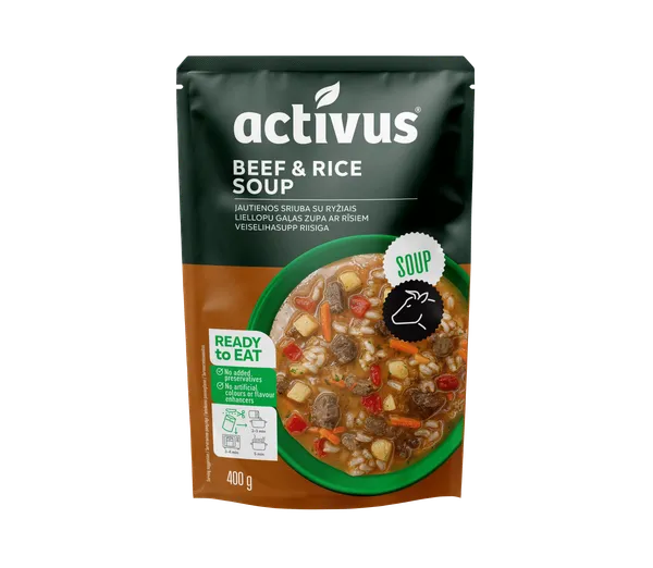 Liellopa gaļas zupa ar rīsiem ACTIVUS, 400g
