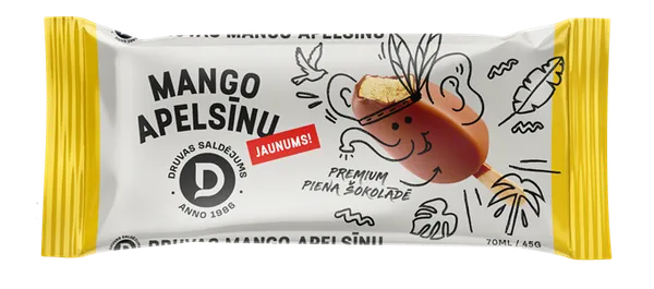 Mango-apelsīnu saldējums DRUVA piena šokolādes glazūrā 70ml/45g