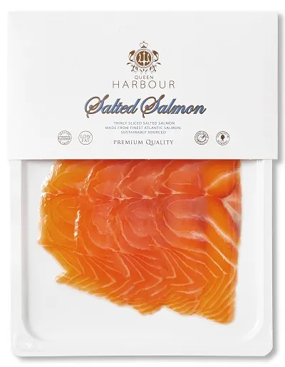 Mazsālīta laša fileja sagriezta šķēlītēs bez ādas, Skin termoforminga un kartona iepakojumā, 100g