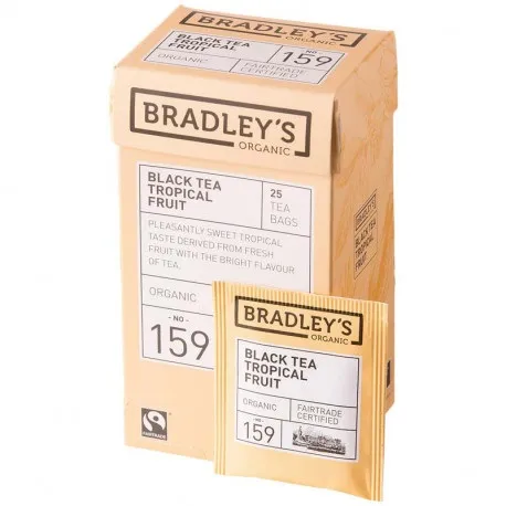 Melnā tēja BRADLEY'S bioloģiskā aromatizēta ar tropiskajiem augļiem, 25gab