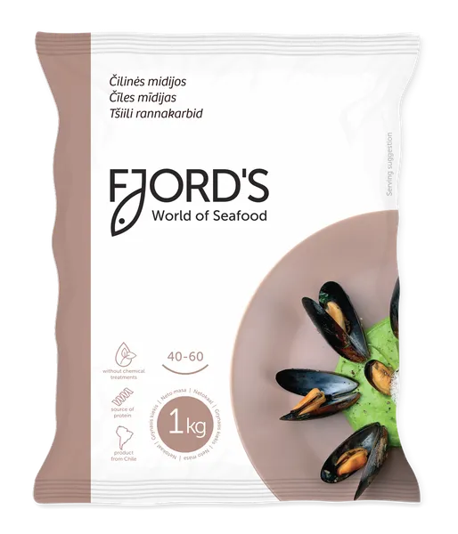 Mīdijas Čīles čaulā FJORD'S, saldētas, 40/60, vārītas, 1kg