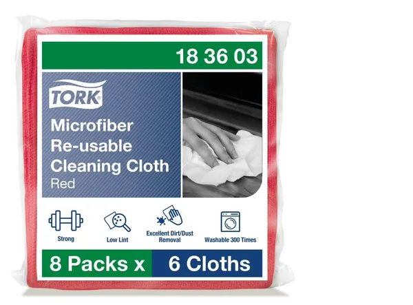 Mikrošķiedras atkārtojami lietojamās tīrīšanas drānas TORK, 15x15cm, sarkanas, 6gab