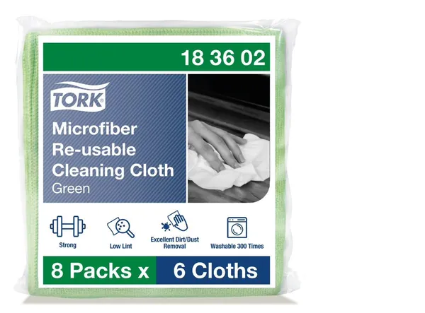 Mikrošķiedras atkārtojami lietojamās tīrīšanas drānas TORK, 15x15cm, zaļas, 6gab