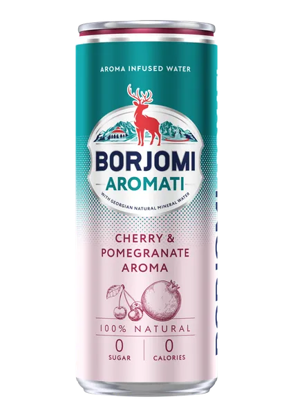 Minerālūdens BORJOMI AROMATI ar Cherry-Pomegranate aromātu, bundžā, 0.33l (DEP)