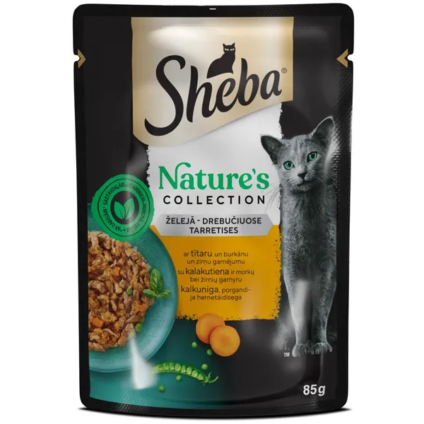 Mitrā barība kaķiem Sheba Nature's Collection ar tītaru un burkānu un zirņu garnējumu, 85g
