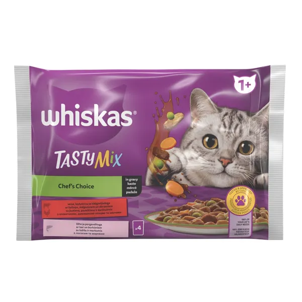 Mitrā barība Whiskas Tasty Mix 1+ Chef's Choice ar Lasi un Burkāniem Mērcē 4-paka pouch 4x85g