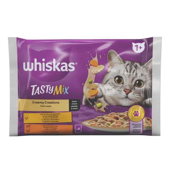 Mitrā barība Whiskas Tasty Mix  1+ Creamy Creations ar Jēra un Tītara Frikasē Mērcē 4-paka 4x85g