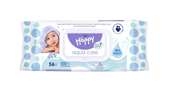Mitrās salvetes HAPPY Aqua Care 99%, ar vāciņu, 56gab