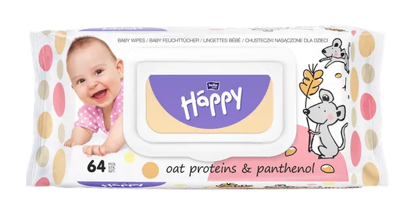 Mitrās salvetes HAPPY Oat&pathenol, ar vāciņu, 64gab