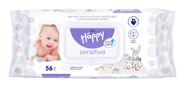 Mitrās salvetes HAPPY Sensitive, ar vāciņu, 56gab