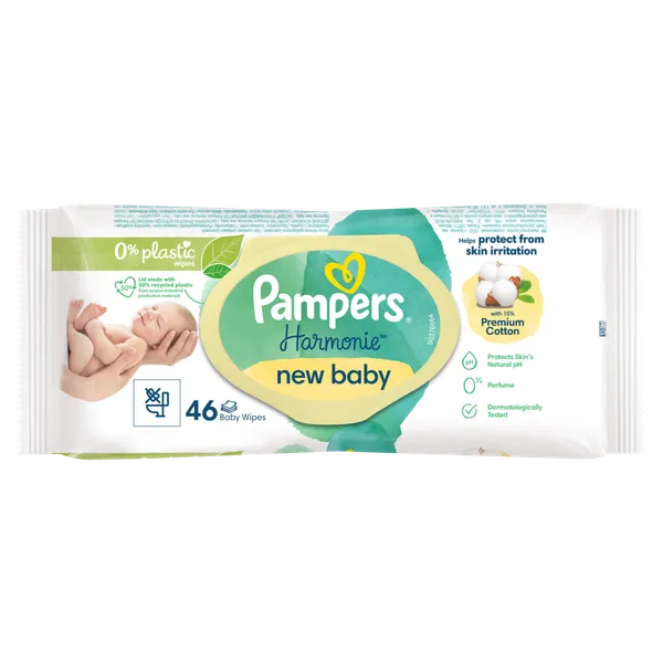 Mitrās salvetes PAMPERS Harmonie New Baby, Plastic Free, 46 gab.