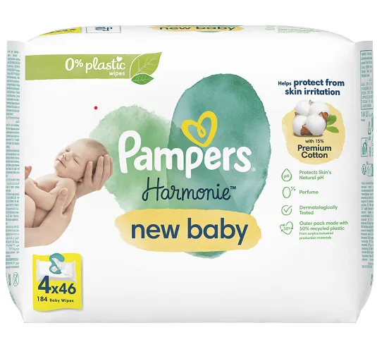 Mitrās salvetes PAMPERS Harmonie New Baby, Plastic Free, 4x46 gab.