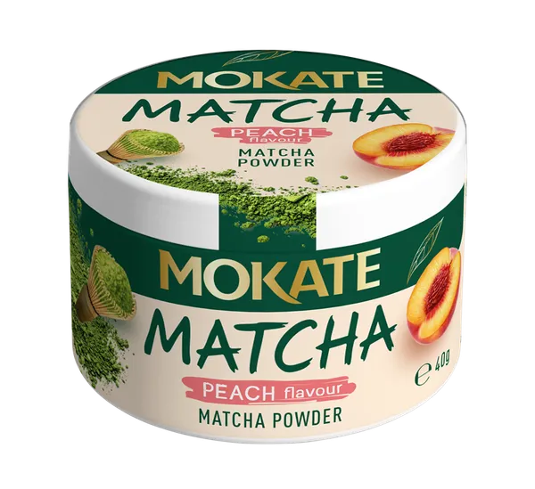 MOKATE Zaļās tējas pulveris Matcha ar persiku garšu, 40g