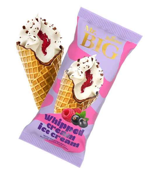 MR.BIG Putukrējuma saldējums ar aveņu-upeņu ievārījumu un šokolādes gab.vafeļu konusā 165ml/94g