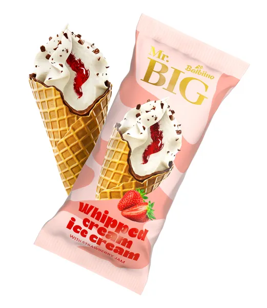 MR.BIG Putukrējuma saldējums ar zemeņu ievārījumu un piena šokolādes gab.vafeļu konusā 165ml/94g