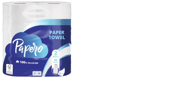 Papīra dvieļi PAPERO, 2 slāņi, 19.2 m, 96 loksnes, 2 ruļļi