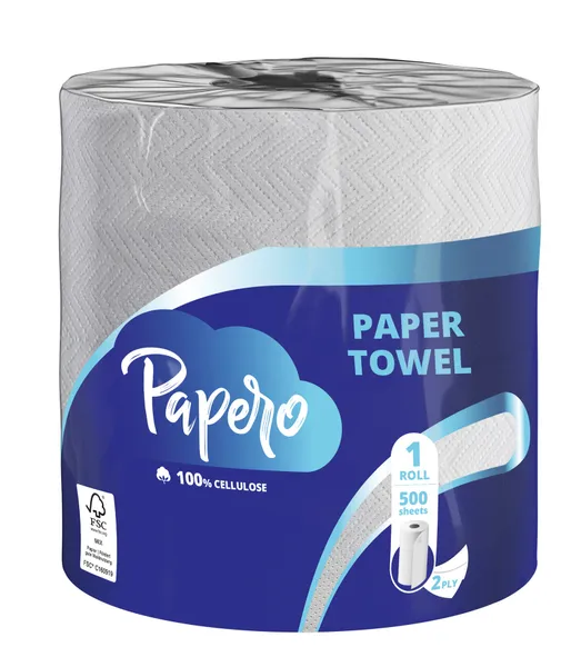 Papīra dvieļi PAPERO, 2 slāņi, 90 m, 500 loksnes, 1 rullis