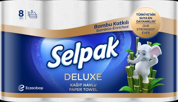 Papīra dvieļi SELPAK Deluxe Bamboo, 3 slāņi, 9.6m, 75 loksnes, 8 ruļļi
