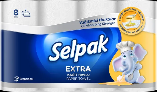 Papīra dvieļi SELPAK Extra Calorie Absorb, 3 slāņi, 9m, 75 loksnes, 8 ruļļi