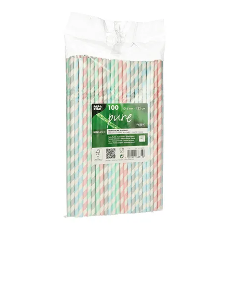 Papīra kokteiļu salmiņi PAPSTAR, svītraini, elastīgi, D6mmx 22cm, 0.13kg, 100gab