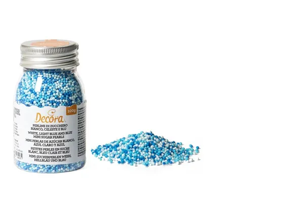 Pārtikas cukura pērles DECORA Mini, baltas, zilas, gaiši zilas, 100g