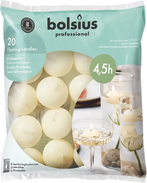 Peldošās sveces BOLSIUS, krēmkrāsas, 4,5st., 20gab