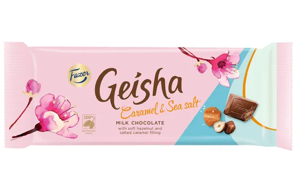 Piena šokolāde GEISHA Fazer ar karameli un jūras sāli, 100g