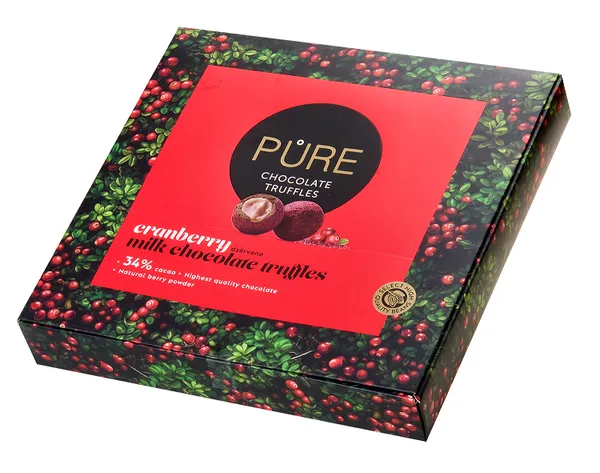 Piena šokolādes trifeles ar dzērveņu pildījumu ''16'' 120g, PURE CHOCOLATE