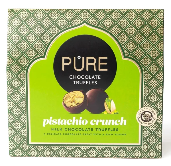 Piena šokolādes trifeles ar kraukšķīgu pistāciju krēma pildījumu 94g PURE