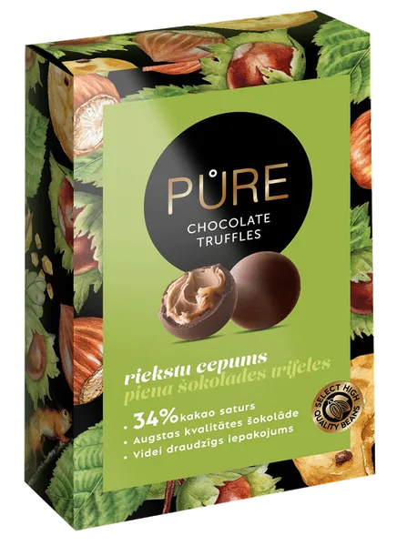 Piena šokolādes trifeles ar lazdu riekstu un kraukšķīgo cepumu krēma pildījumu 148g, PURE