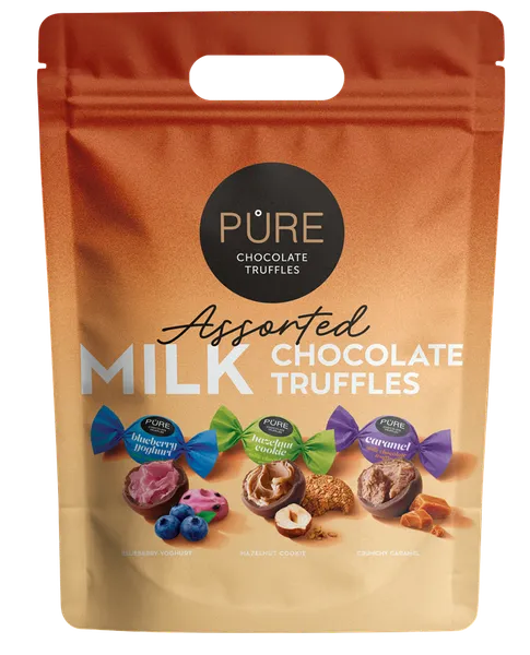 Piena šokolādes trifeles ar pildījumiem "Asorti" 500g PURE Doypack