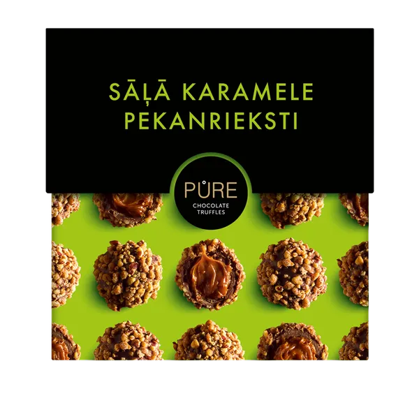 Piena šokolādes trifeles ar sāļās karameles krēma pildījumu un pekanrieksta dekoru 110 g, PURE