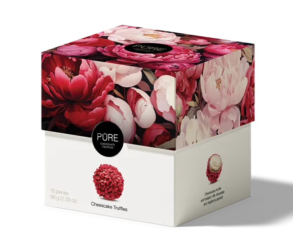 Piena šokolādes trifeles ar siera kūkas krēma pildījumu un dekoru 12 PAVASARIS 96g, PURE CHOCOLATE