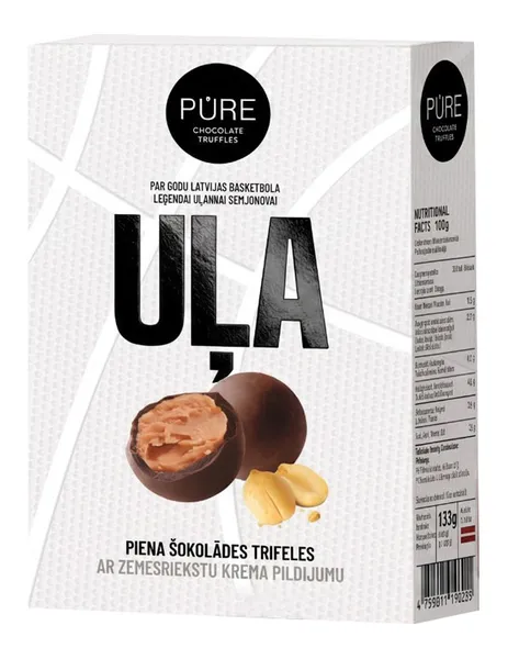 Piena šokolādes trifeles ar zemesriekstu krēma pildījumu "UĻA" 133g PURE CHOCOLALE