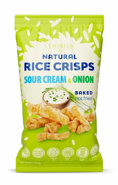 Rīsu uzkoda CORNELLIS 1888, ar skābo krējumu un sīpolu garšu, 150g