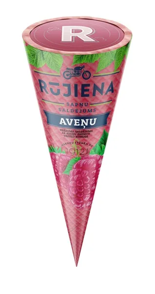 Saldējums RŪJIENAS ar aveņu piedevu, vafeļu konusā, 110ml/60g