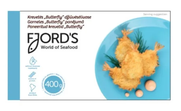 Saldētas garneles 23/30 panējumā FJORD'S, Butterfly, ar asti, 400g