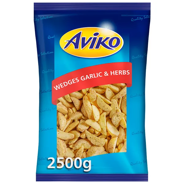 Saldētas kartupeļu daiviņas ar ķiplokiem un garšvielām seasoned Wedges garlic&herbs Aviko 2,5kg