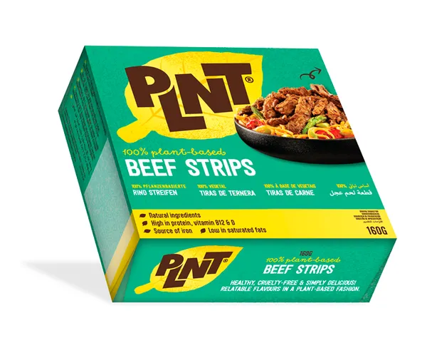 Saldētas vegāniskās strēmelītes uz augu olbaltumvielu bāzes ar liellopa garšu PLNT BEEF STRIPS, 160