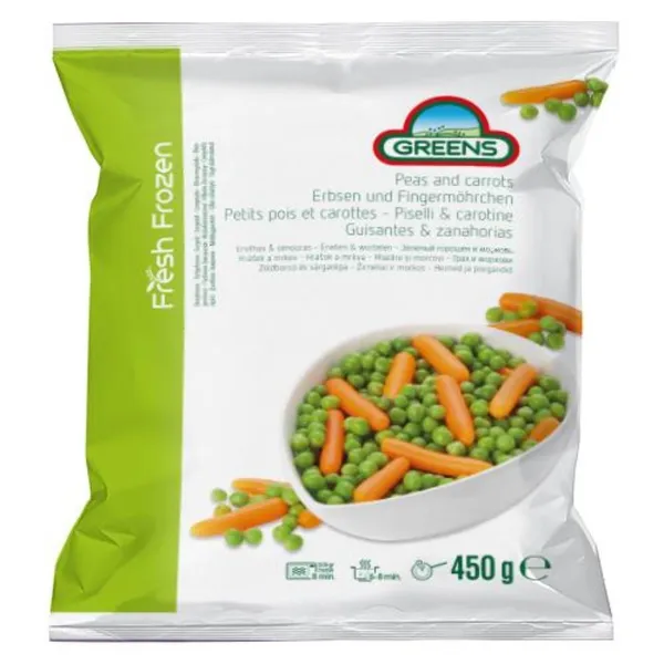 Saldēts burkānu un zaļo zirnīšu maisījums GREENS, 450g IQF.