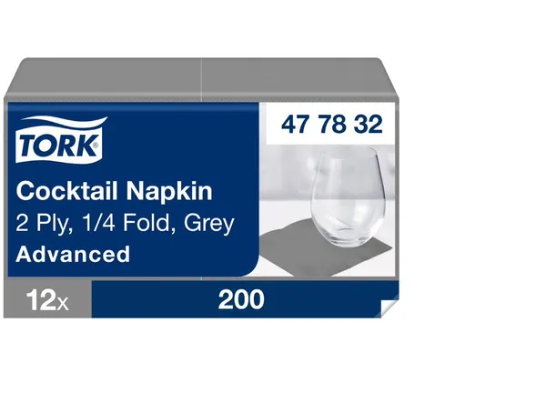 Salvetes TORK Cocktail pelēkas, 24x24 cm, 200 gab., 2 slāņi, 477832