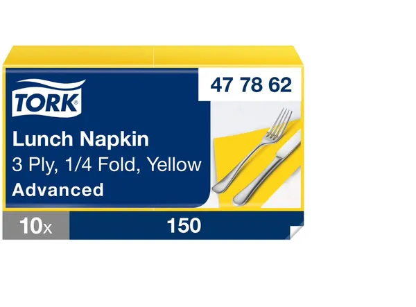 Salvetes TORK, dzeltenas, 33x33 cm, 150 gab., 3 slāņi, 477862