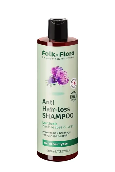 Šampūns FOLK&FLORA Burdock stiprinošs, pret matu izkrišanu visiem matu tipiem, 400ml