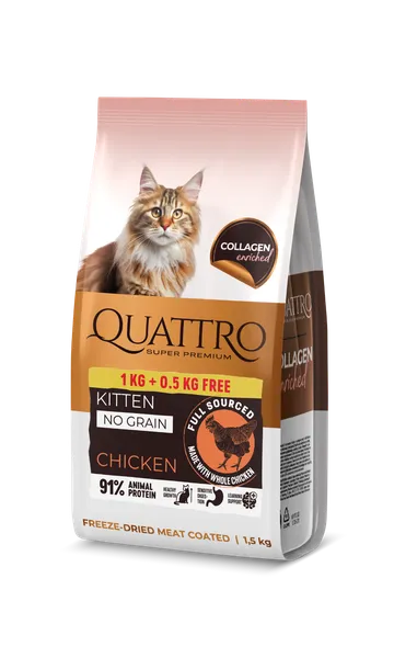 Sausā barība kaķēniem QUATTRO ar vistas gaļu un kolagēnu, 1.5kg (1+0.5kg)